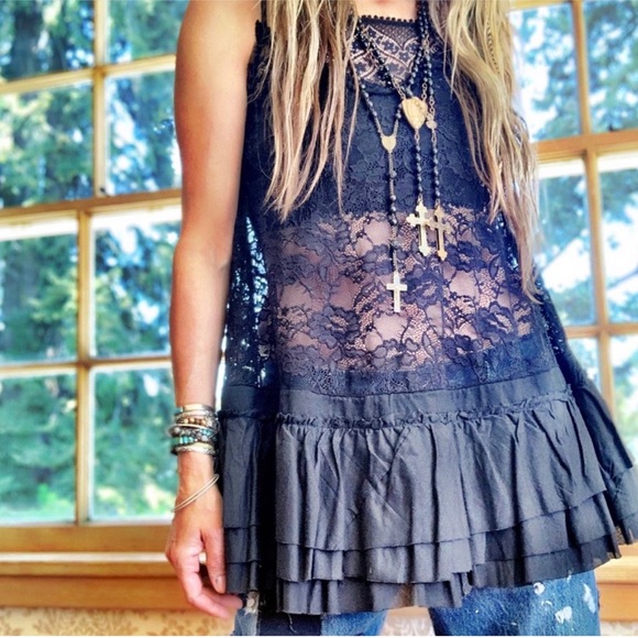 Tops - Black lace tank with ruffles